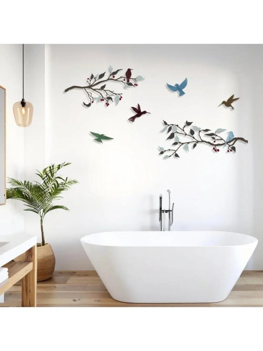 Colorful Metal Birds Wall Decor - Hummingbirds & Leaves Sculpture for Home